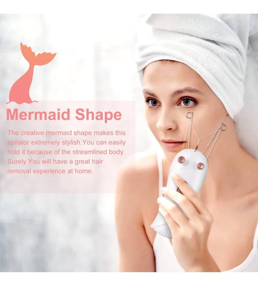 Mermaid Threading Hair Removal - Rechargeable Facial Hair Threader Machine, Womens Automatic Thread Hair Remover Tool Kit, Electric Threads Epilator for Face, Upper Lip, Arms (White)