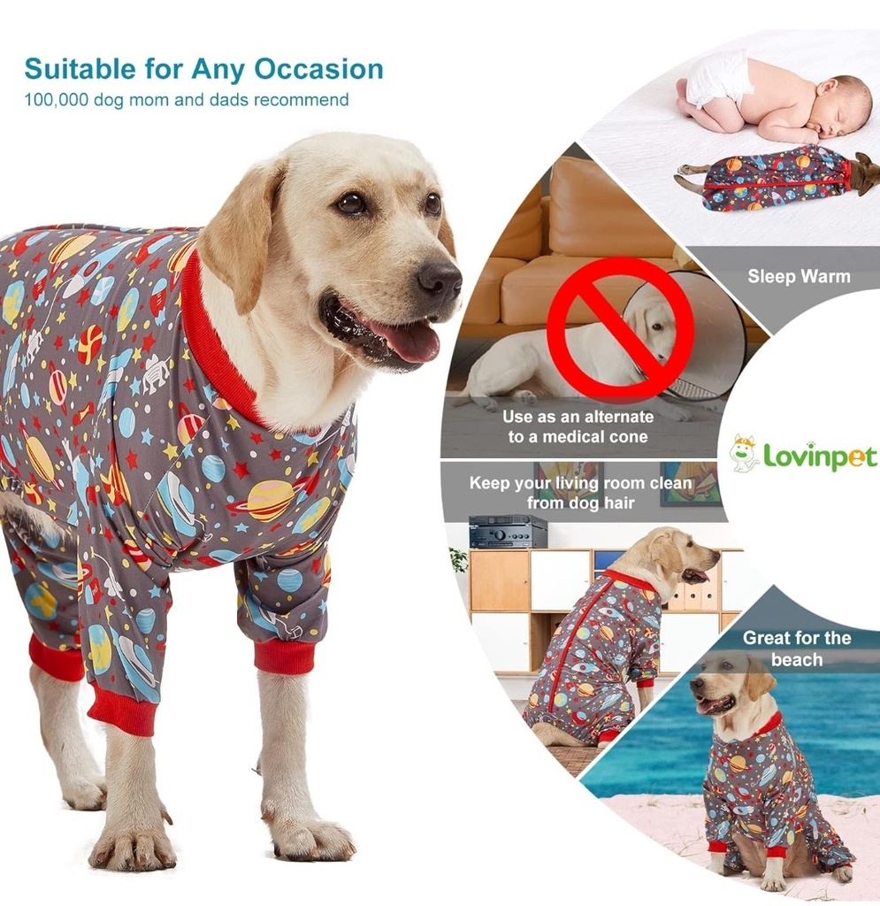 LovinPet Large Dog Pajamas: Large Breed Pitbull/Boxer/Labrador/Doberman, Lightweight Onesie,Space-Travel Grey Print,Post Surgery Shirt,UV Protection,Pet Anxiety Relief,Wound Care BOR Big Dog/Medium