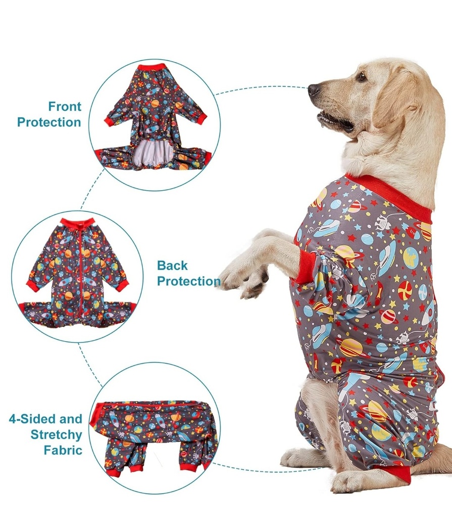LovinPet Large Dog Pajamas: Large Breed Pitbull/Boxer/Labrador/Doberman, Lightweight Onesie,Space-Travel Grey Print,Post Surgery Shirt,UV Protection,Pet Anxiety Relief,Wound Care BOR Big Dog/Medium