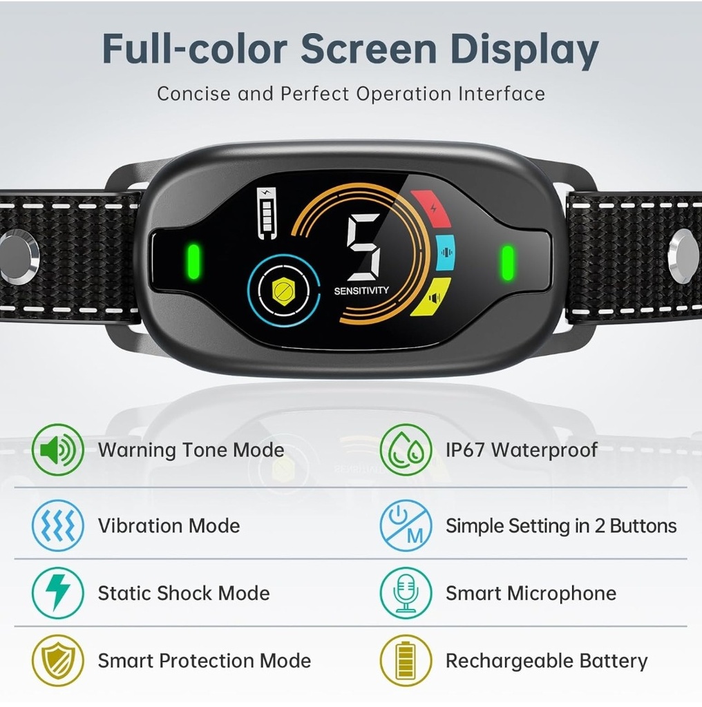 Smart Dog Bark Control Collar - Rechargeable Anti Barking Collar for Small, Medium, Large Dogs - 4 Training Modes, IP67 Waterproof, Black