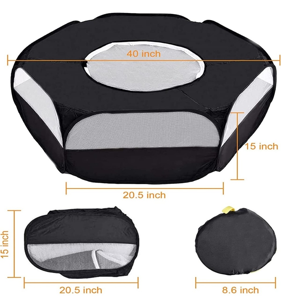 Small Animal Playpen,Portable Small Animal Cage Tent Breathable Pet Playpen Cage Tent Pop-Up Outdoor&Indoor Exercise Fence for Hamster Guinea Pig Rabbit Puppy Hedgehog (Black with Cover)