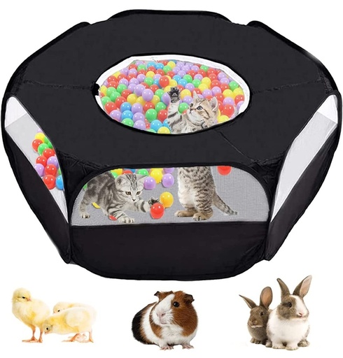Small Animal Playpen,Portable Small Animal Cage Tent Breathable Pet Playpen Cage Tent Pop-Up Outdoor&Indoor Exercise Fence for Hamster Guinea Pig Rabbit Puppy Hedgehog (Black with Cover)